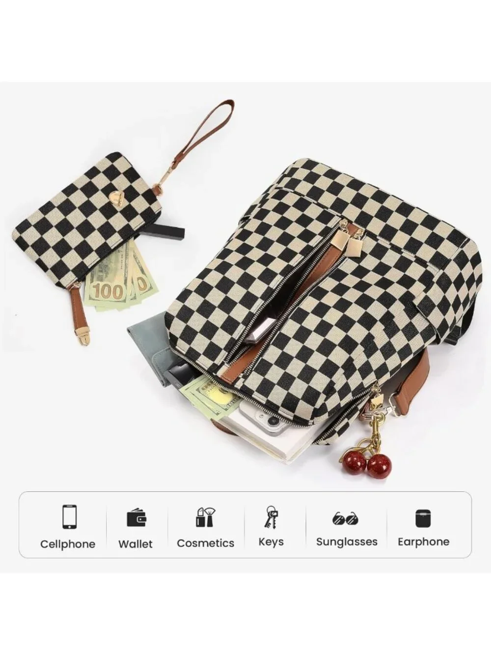 Checkered Small Backpack Purse for Women | Stylish Handbag with Cherry Pendant